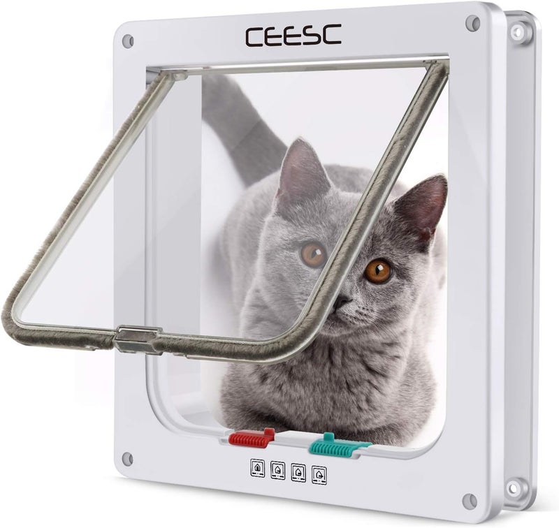 CEESC Cat Flap Door Magnetic Pet Door with 4 Way Lock for Cats, Kitties and Kittens, 3 Sizes and 2 Colors Options (M- Inner Size: 6.18"(W) x 6.30"(H), White) - Image 1